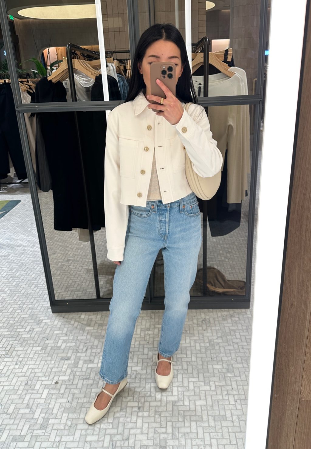 aritzia cropped jacket levis jeans dolce vita flats