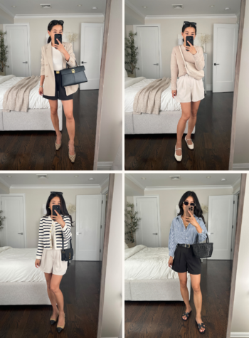 how to style quince tailored pleated shorts petite style